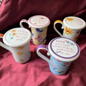Kathy Davis Mug Set of 4 with Lids & Stand Porcelain Friends Design